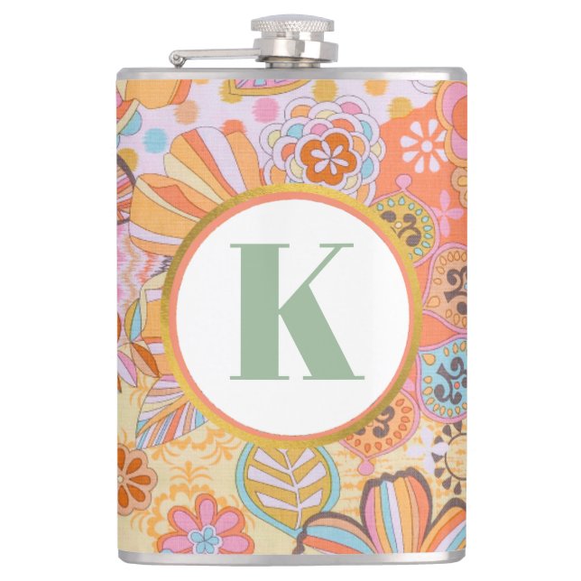Retro Floral Monogram Groovy Pattern Hip Flask (Front)