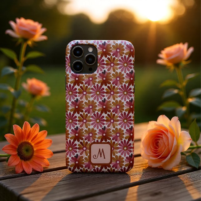 Retro Floral Monogram Personalised Pink and Brown Case-Mate iPhone Case (Retro Floral Monogram Personalized Pink and Brown Case-Mate iPhone Case)