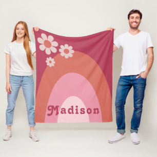 Retro Floral Monogram Pink Fleece Blanket