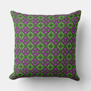 Retro Floral Mosaic pattern Green and Purple Cushion