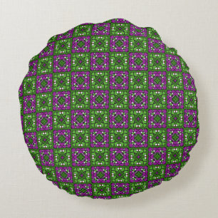 Retro Floral Mosaic pattern Green and Purple Round Cushion