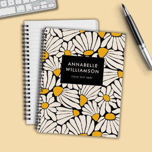 Retro Floral Mustard Yellow Black Notebook