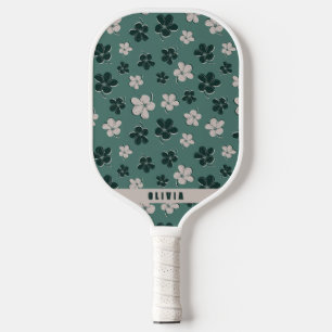 Retro Floral Muted Green Teal Pickleball Paddle