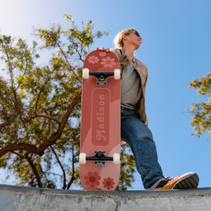 Retro Floral Name Orange Skateboard