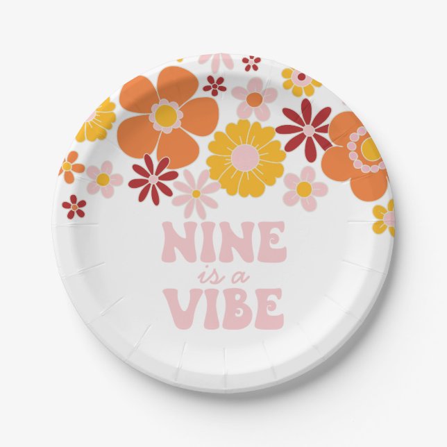 Retro Floral Nine is a Vibe 9th birthday Paper Plate (Front)