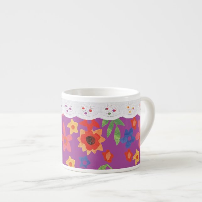 Retro Floral on Magenta, Faux Lace Espresso Mug (Front Right)