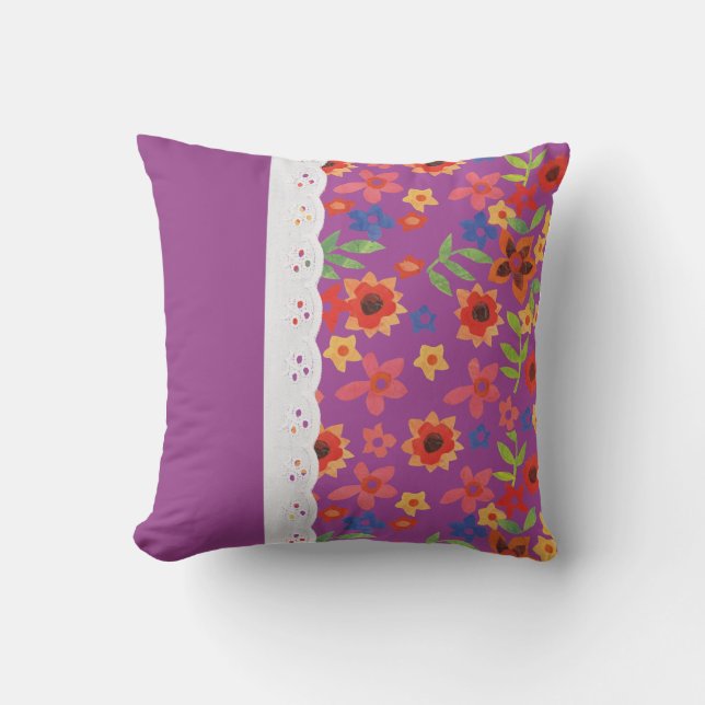 Retro Floral on Magenta, Faux Lace Pillow Cushion (Front)