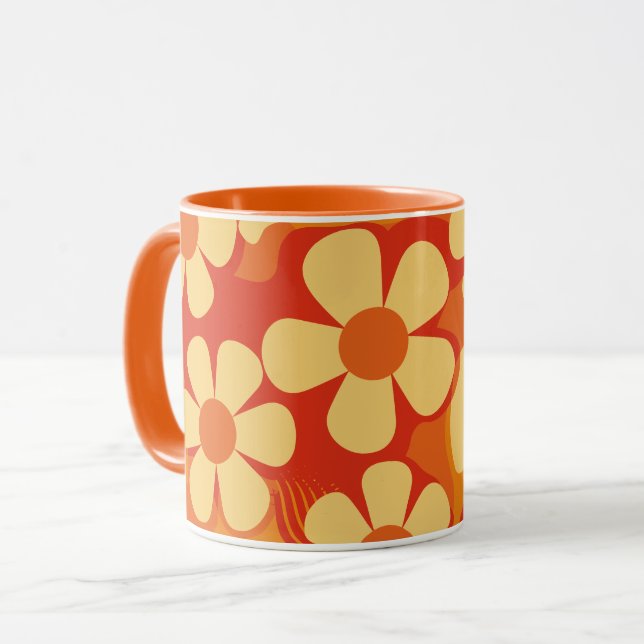 Retro Floral Orange and Yellow Pattern Mug (Front Left)