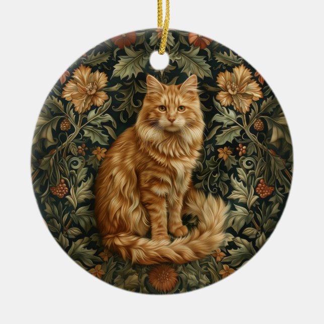 Retro Floral Orange Cat Ceramic Ornament (Front)