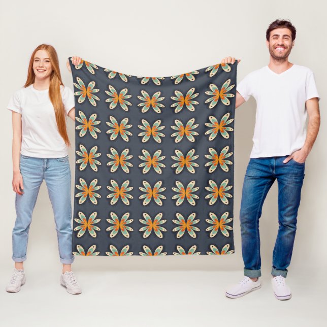 Retro Floral Orange Navy Blue Abstract Pattern  Fleece Blanket (In Situ)