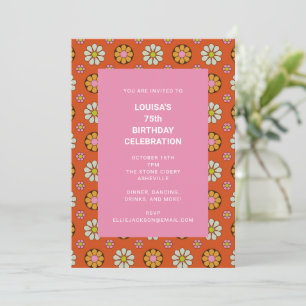 Retro Floral Orange Pink 75th Birthday Party Invitation