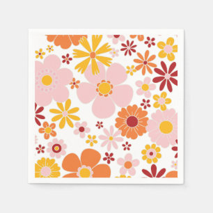 Retro Floral orange pink Birthday Napkin