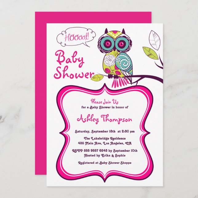 Retro Floral Owl Hot Pink Baby Shower Invitation (Front/Back)