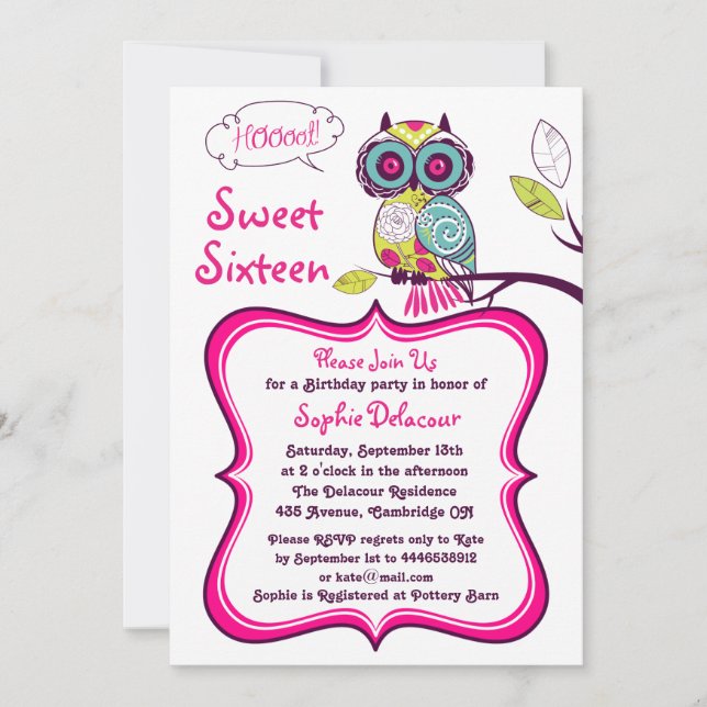 Retro Floral Owl Hot Pink Sweet Sixteen Invitation (Front)