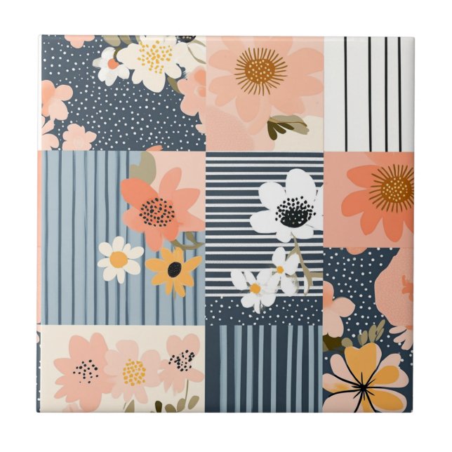 Retro Floral Patchwork in Pink and Blue Ceramic Tile (Front)