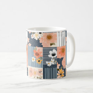 Retro Floral Patchwork in Pink and Blue Coffee Mug