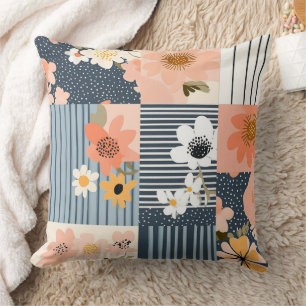 Retro Floral Patchwork in Pink and Blue Cushion