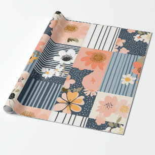 Retro Floral Patchwork in Pink and Blue Wrapping Paper