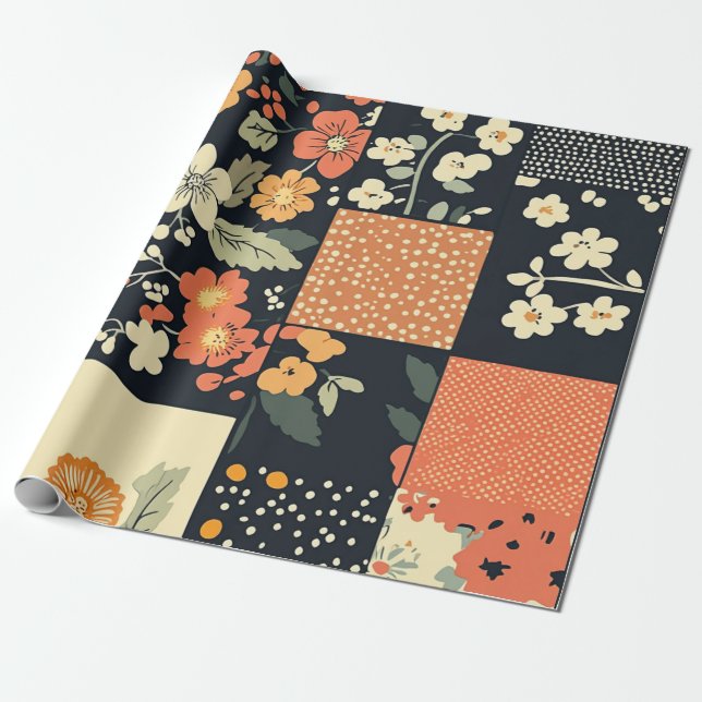Retro Floral Patchwork Pattern Wrapping Paper (Unrolled)