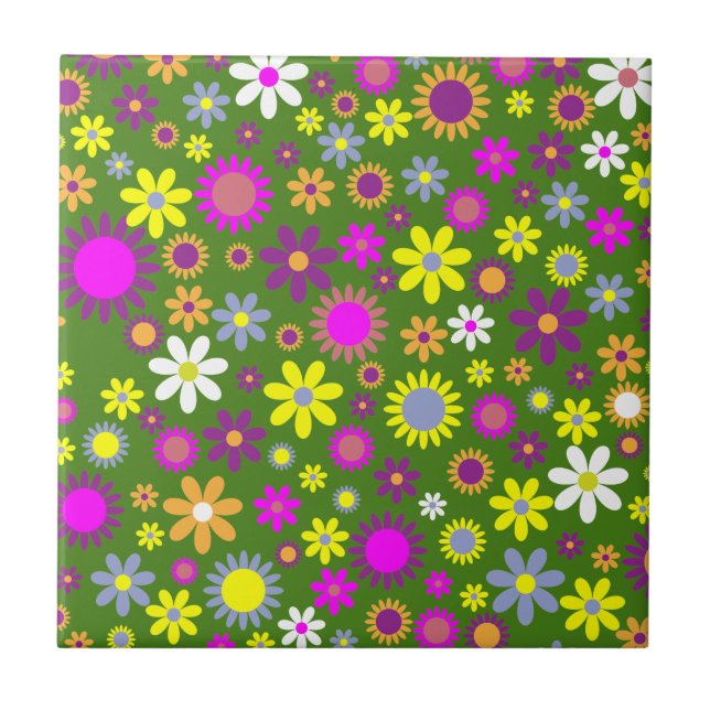 Retro Floral Pattern - 70's Flower Wallpaper Ceramic Tile (Front)