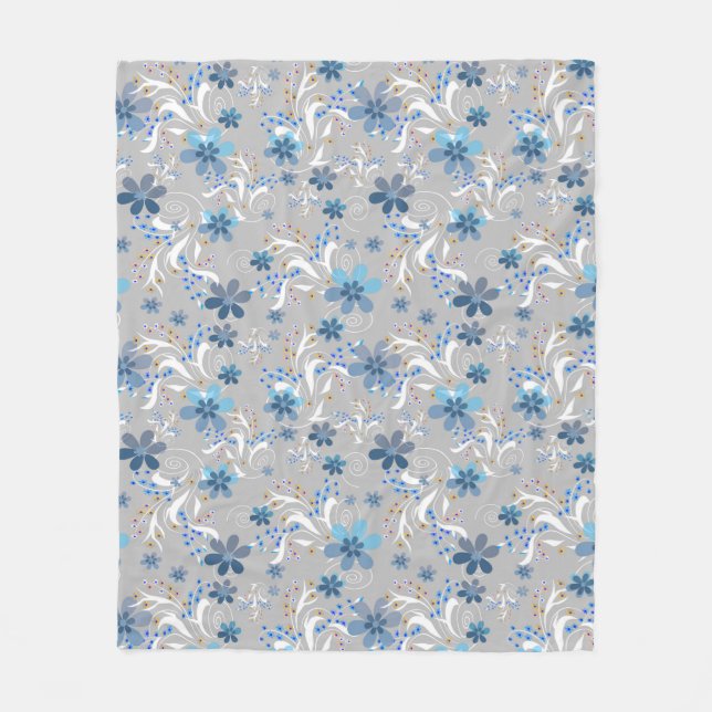 Retro , floral pattern , blue , grey , flowers fleece blanket (Front)