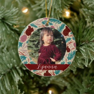 Retro Floral Pattern Frame Baby's First Christmas Ceramic Ornament