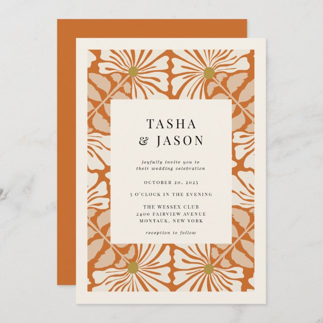 Retro Floral Pattern Frame Wedding Invitation (Front/Back)