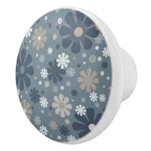 Retro Floral Pattern in Steel Blue Ceramic Knob