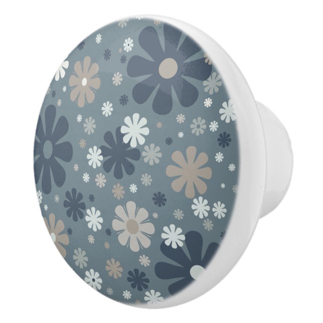 Retro Floral Pattern in Steel Blue Ceramic Knob (Right)