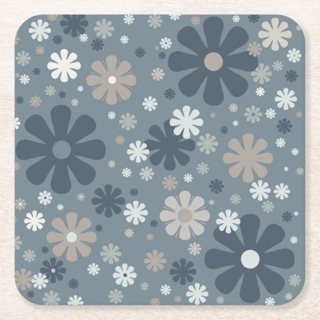 Retro Floral Pattern in Steel Blue Square Paper Coaster (Front)