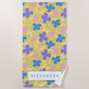 Retro Floral Pattern in Yellow Personalised Name Beach Towel