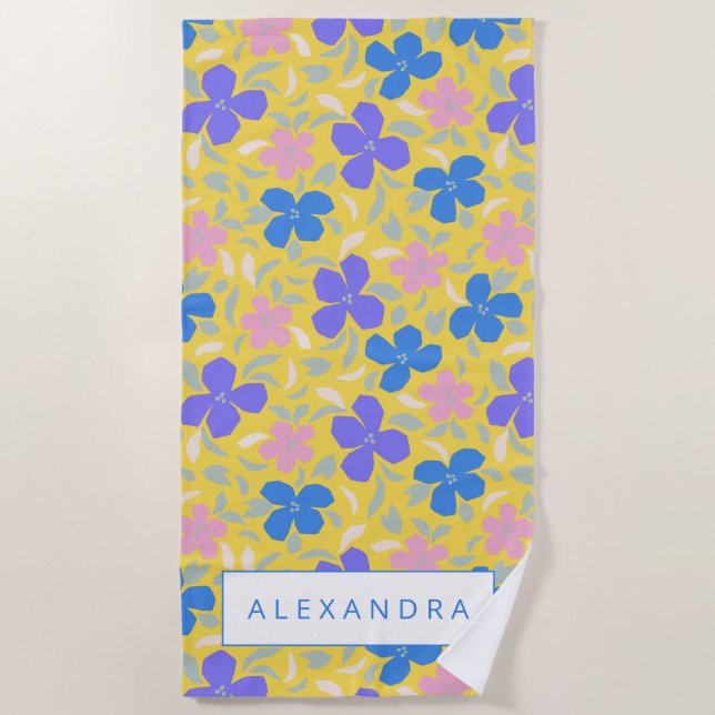 Retro Floral Pattern in Yellow Personalised Name Beach Towel (Front)