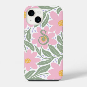 Retro Floral Pattern Monogram Initial iPhone 14 Case
