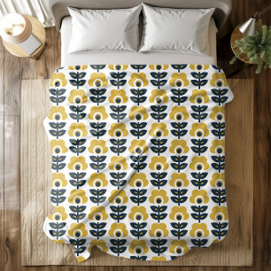 Retro Floral Pattern Navy and Mustard Yellow Fleece Blanket