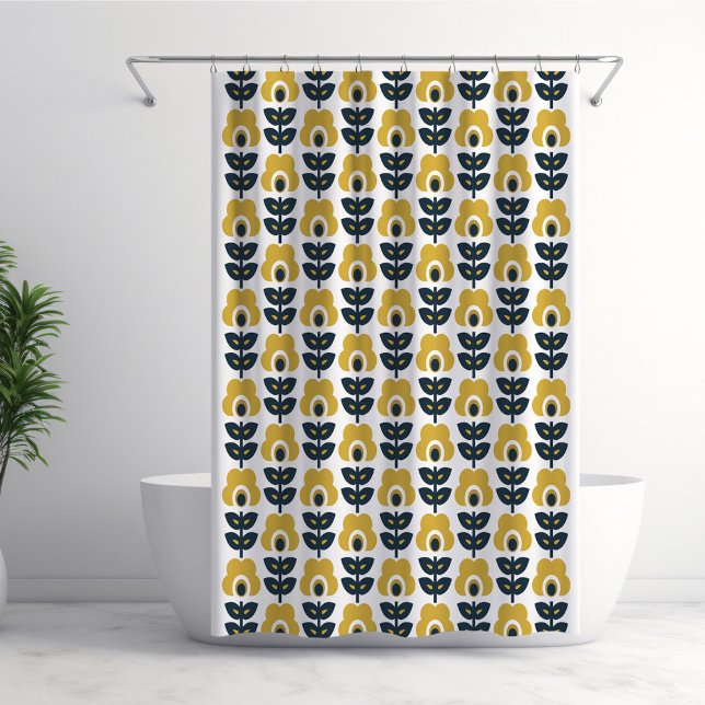 Retro Floral Pattern Navy and Mustard Yellow Shower Curtain (Creator Uploaded)