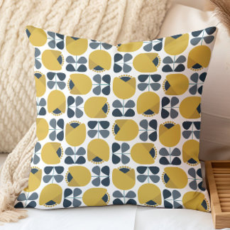 Retro Floral Pattern Navy, Grey, Mustard Yellow Cushion