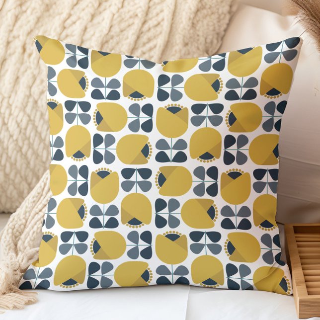 Retro Floral Pattern Navy, Grey, Mustard Yellow Cushion (Creator Uploaded)