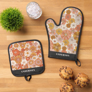 Retro Floral Pattern Oven Mitt & Pot Holder Set