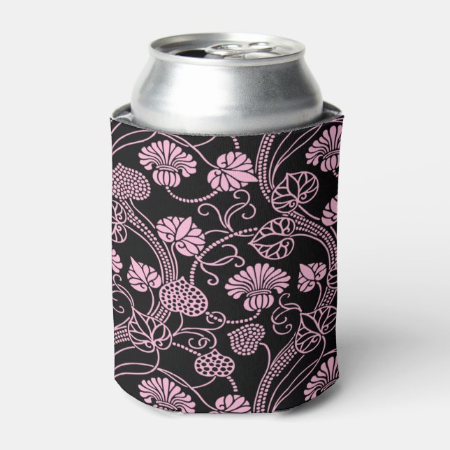 Retro Floral Pattern Pink on Black Can Cooler (Can Front)
