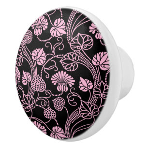 Retro Floral Pattern Pink on Black Ceramic Knob