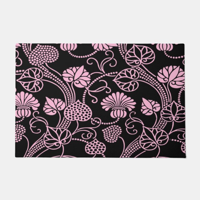 Retro Floral Pattern Pink on Black Doormat (Front)