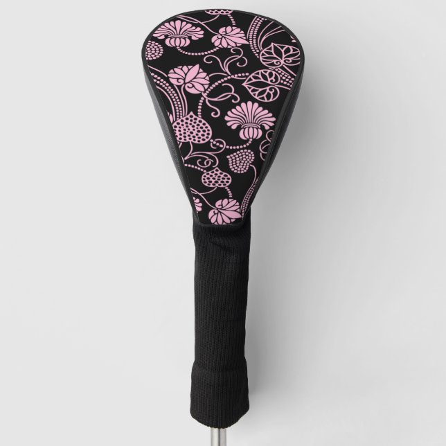 Retro Floral Pattern Pink on Black Golf Head Cover (Front)