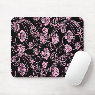 Retro Floral Pattern Pink on Black Mouse Pad