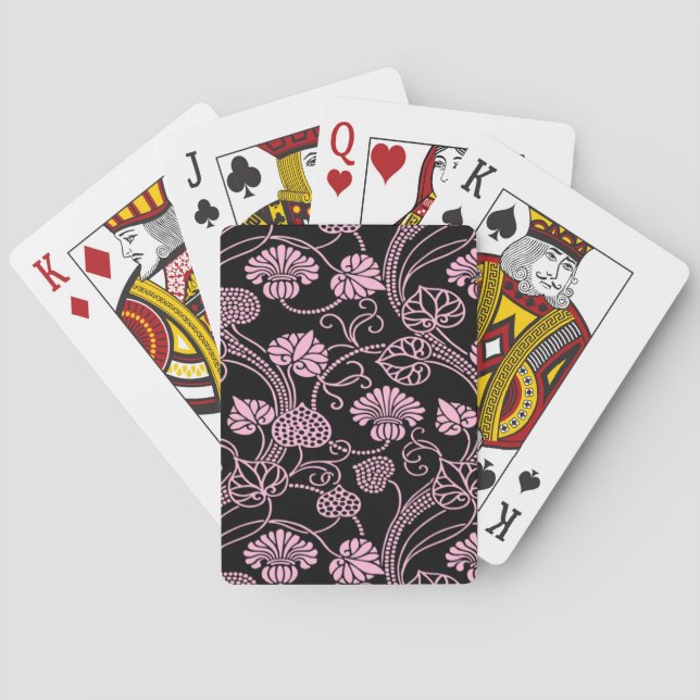 Retro Floral Pattern Pink on Black Playing Cards (Back)