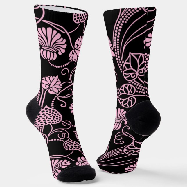 Retro Floral Pattern Pink on Black Socks (Angled)