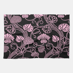 Retro Floral Pattern Pink on Black Tea Towel