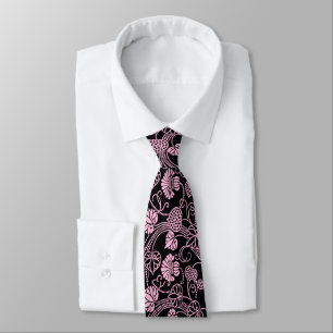 Retro Floral Pattern Pink on Black Tie