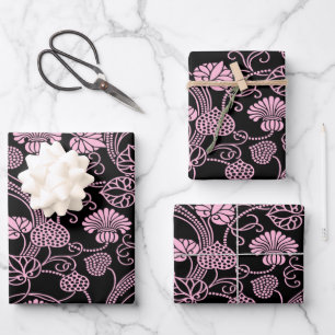 Retro Floral Pattern Pink on Black Wrapping Paper Sheet