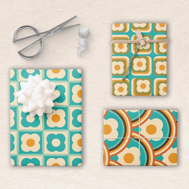 Retro Floral Pattern Teal, Cream, Orange Wrapping Paper Sheet (Creator Uploaded)