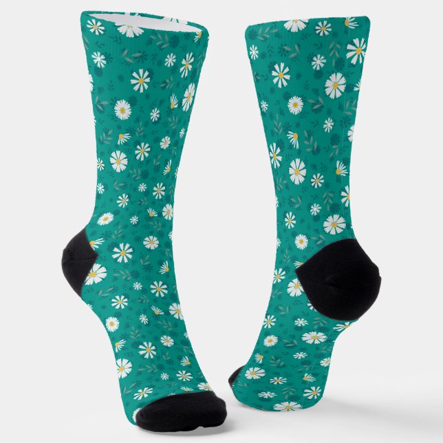 Retro floral pattern. White daisies on a turquoise Socks (Angled)
